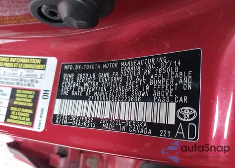 2014 Toyota Corolla S Plus from USA, damaged, VIN 2T1BURHE0EC223606